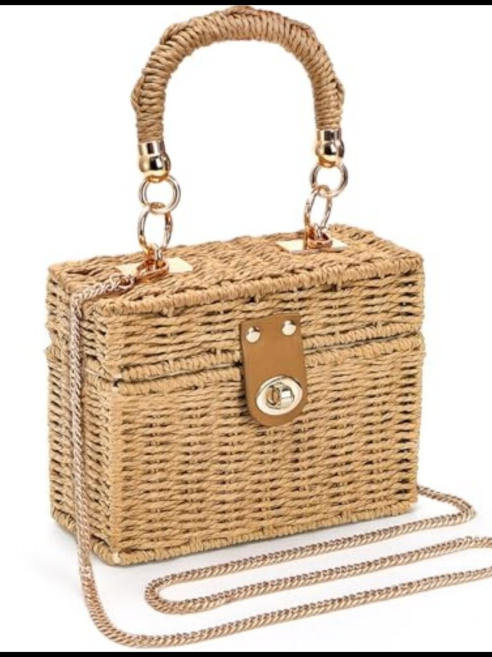 Handmade Woven Square Straw Crossbody Bag with Gold Chain Strap